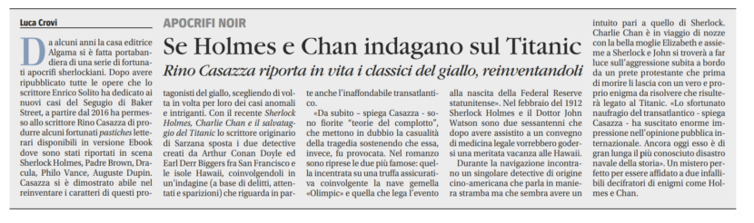 IL GIORNALE PARLA DI “SHERLOCK HOLMES, CHARLIE CHAN E IL SALVATAGGIO DEL TITANIC”